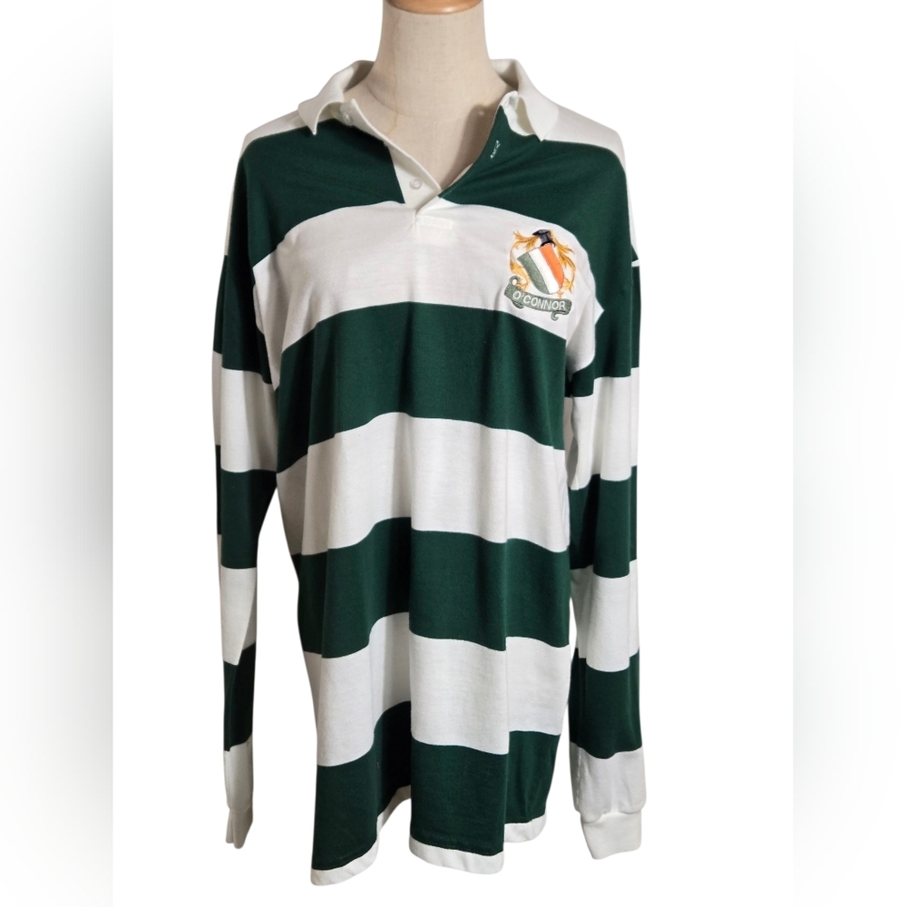 Hartwell Vintage Green and White Striped Irish Patched Men's Rugby Shirt
